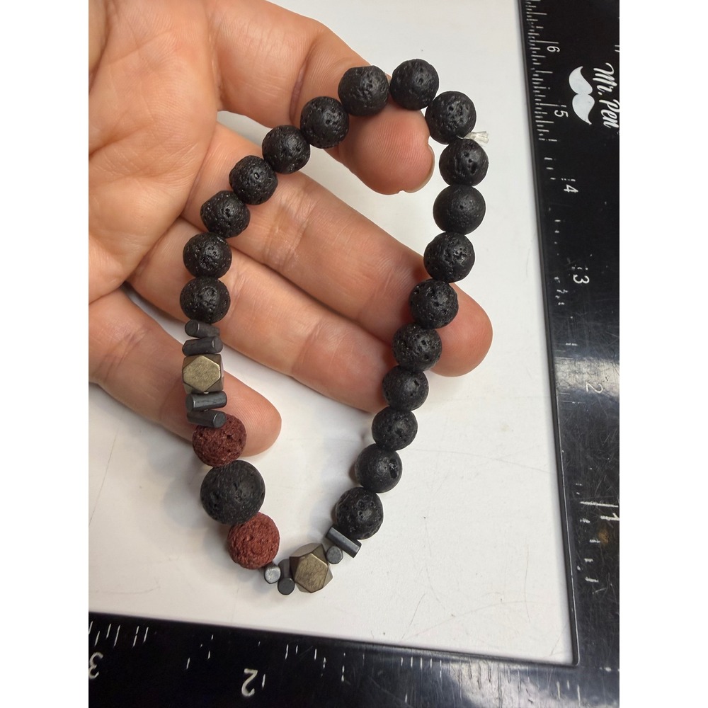 Black Red Lava Rock Essential Oil Diffuser Stretch Bracelet Hematite Accents